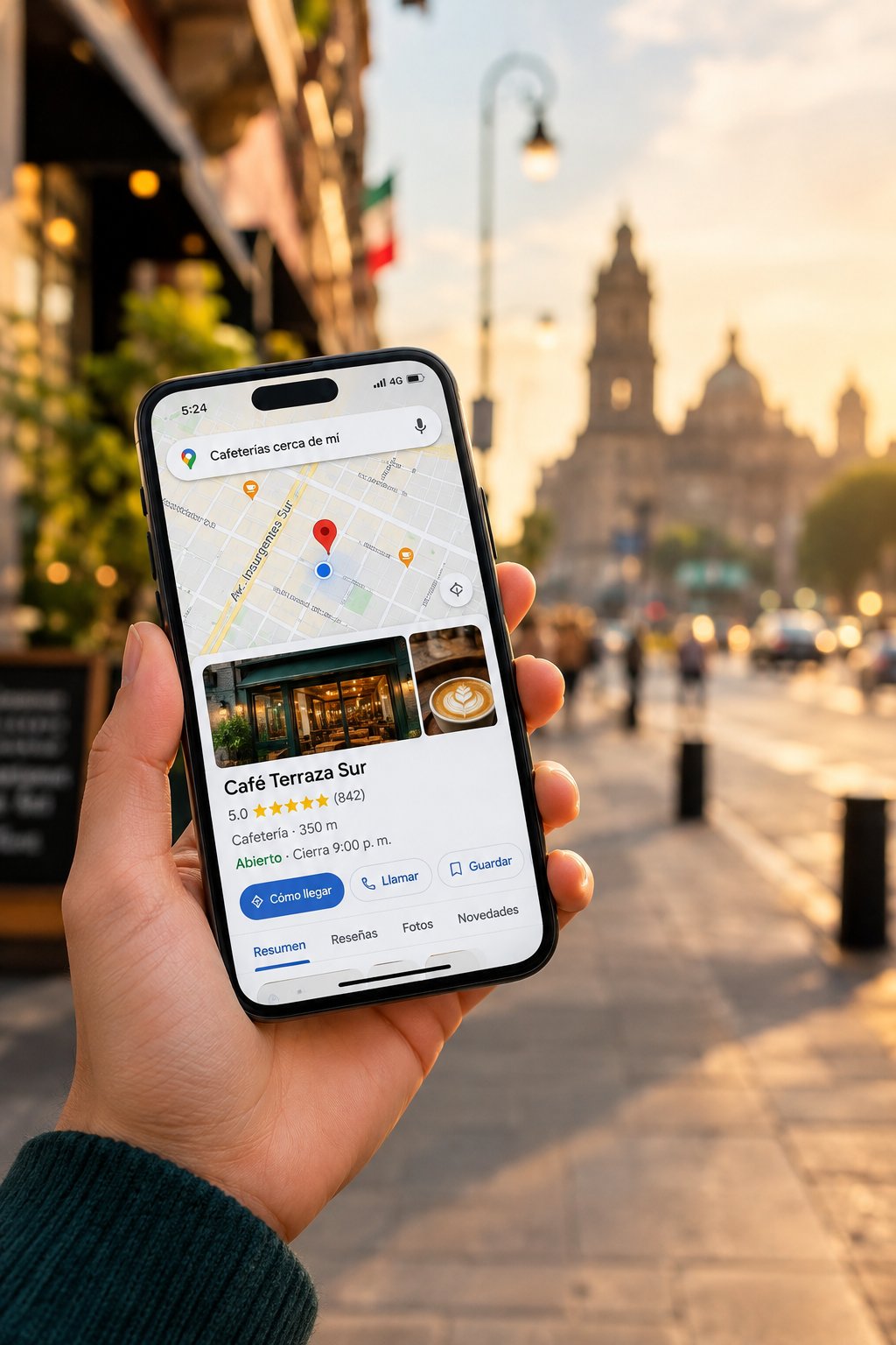 Google Maps mostrando un negocio local con reseñas de 5 estrellas