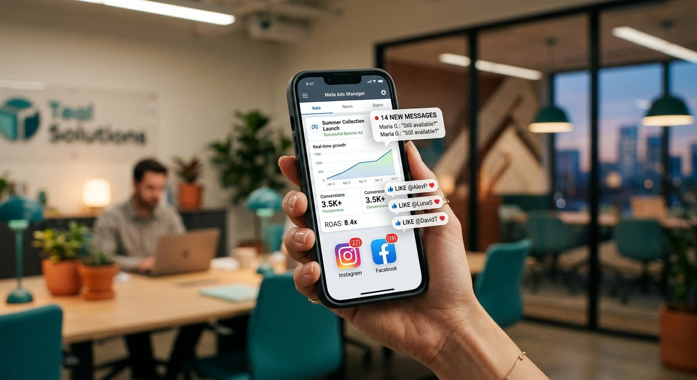 Panel de Meta Ads Manager mostrando conversiones y retorno de la inversión en crecimiento